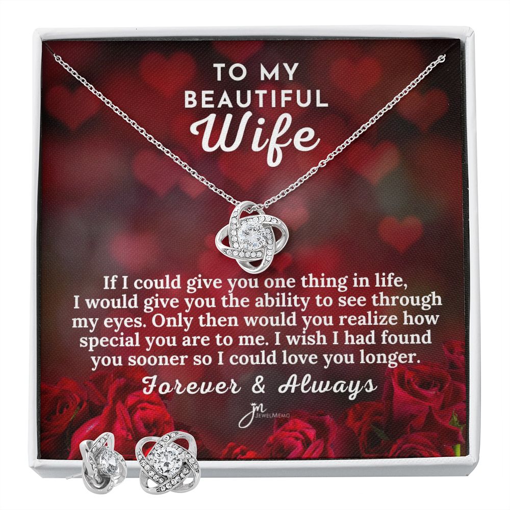 To My Beautiful Wife Love Knot Earring & Necklace Set - Red