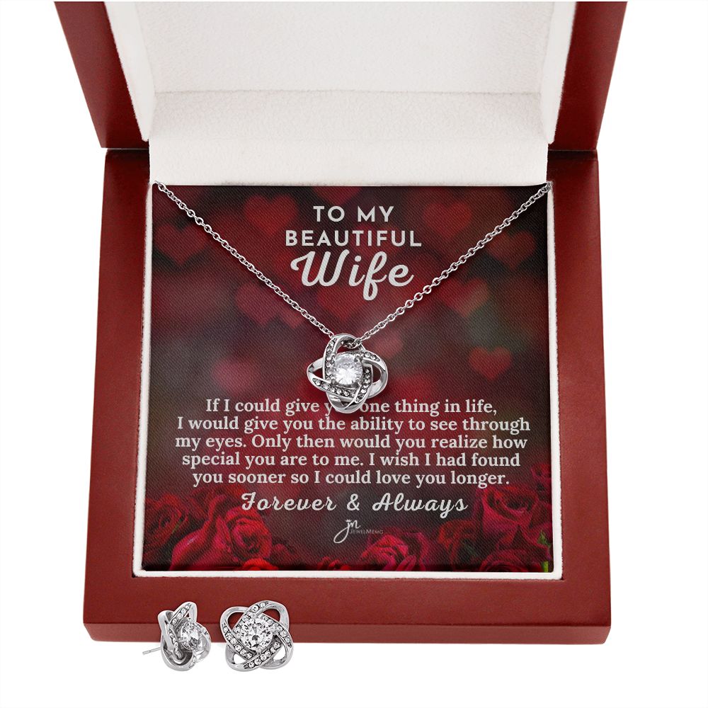 To My Beautiful Wife Love Knot Earring & Necklace Set - Red