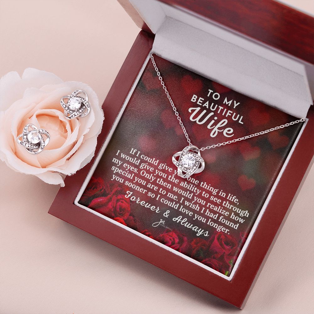 To My Beautiful Wife Love Knot Earring & Necklace Set - Red