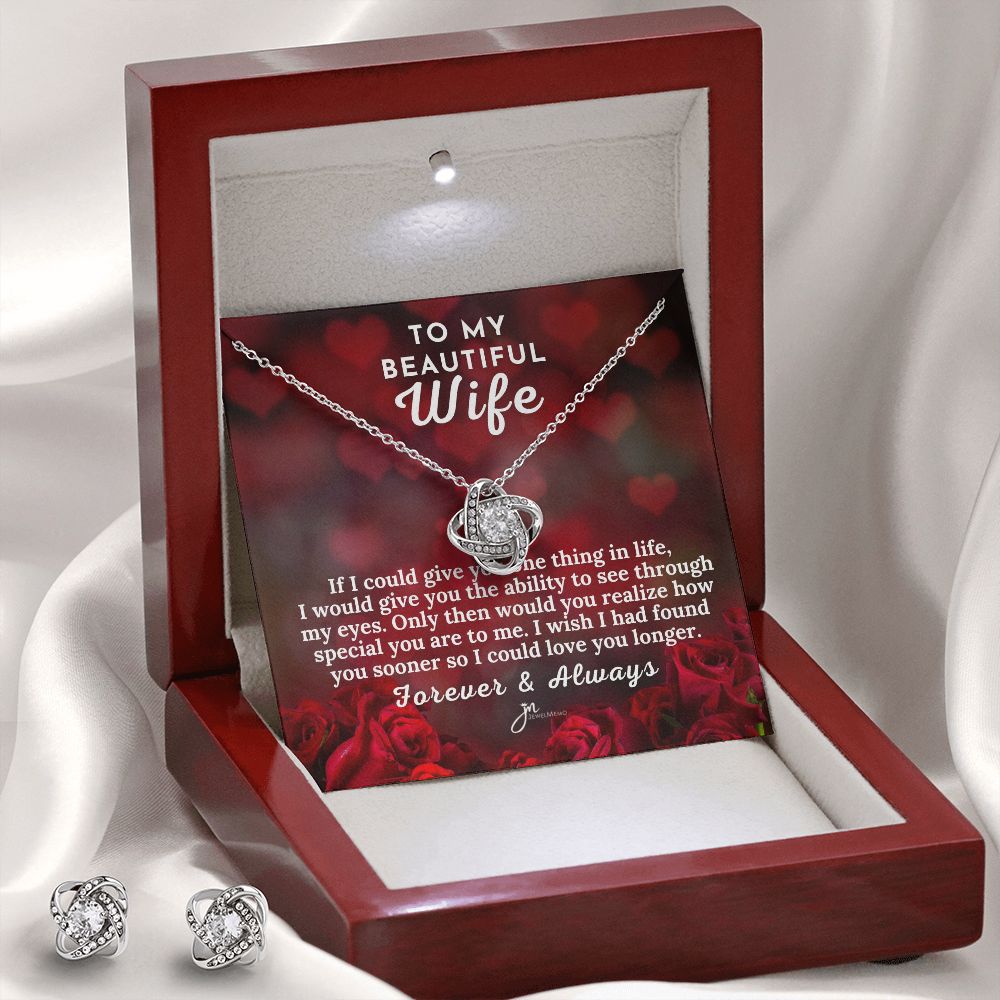 To My Beautiful Wife Love Knot Earring & Necklace Set - Red