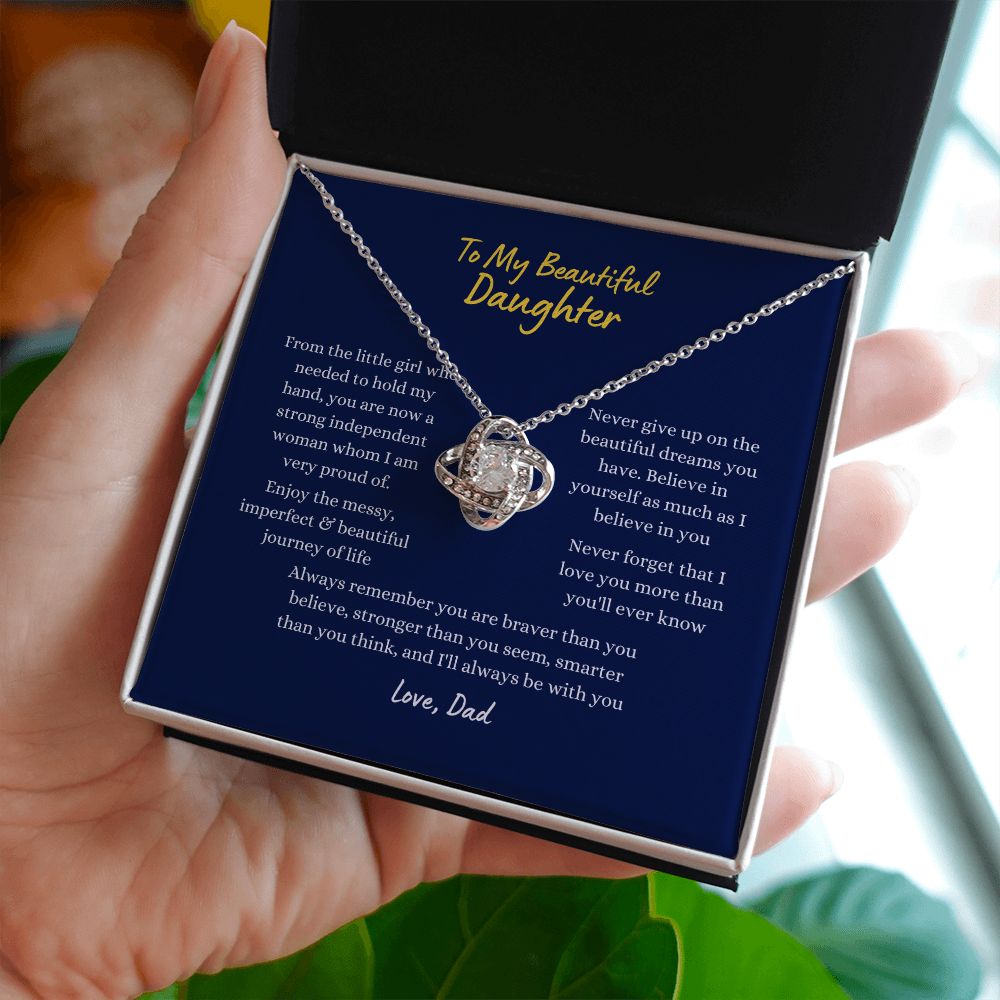 To My Beautiful Daughter Love Knot Necklace - Blue Card