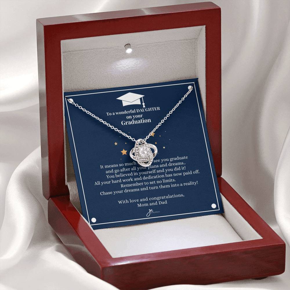 To A Wonderful Daughter Graduation Necklace - Love Knot Blue Card