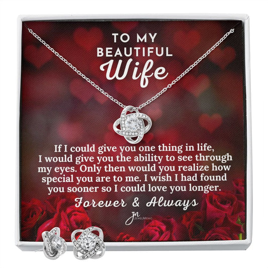 To My Beautiful Wife Love Knot Earring & Necklace Set - Red