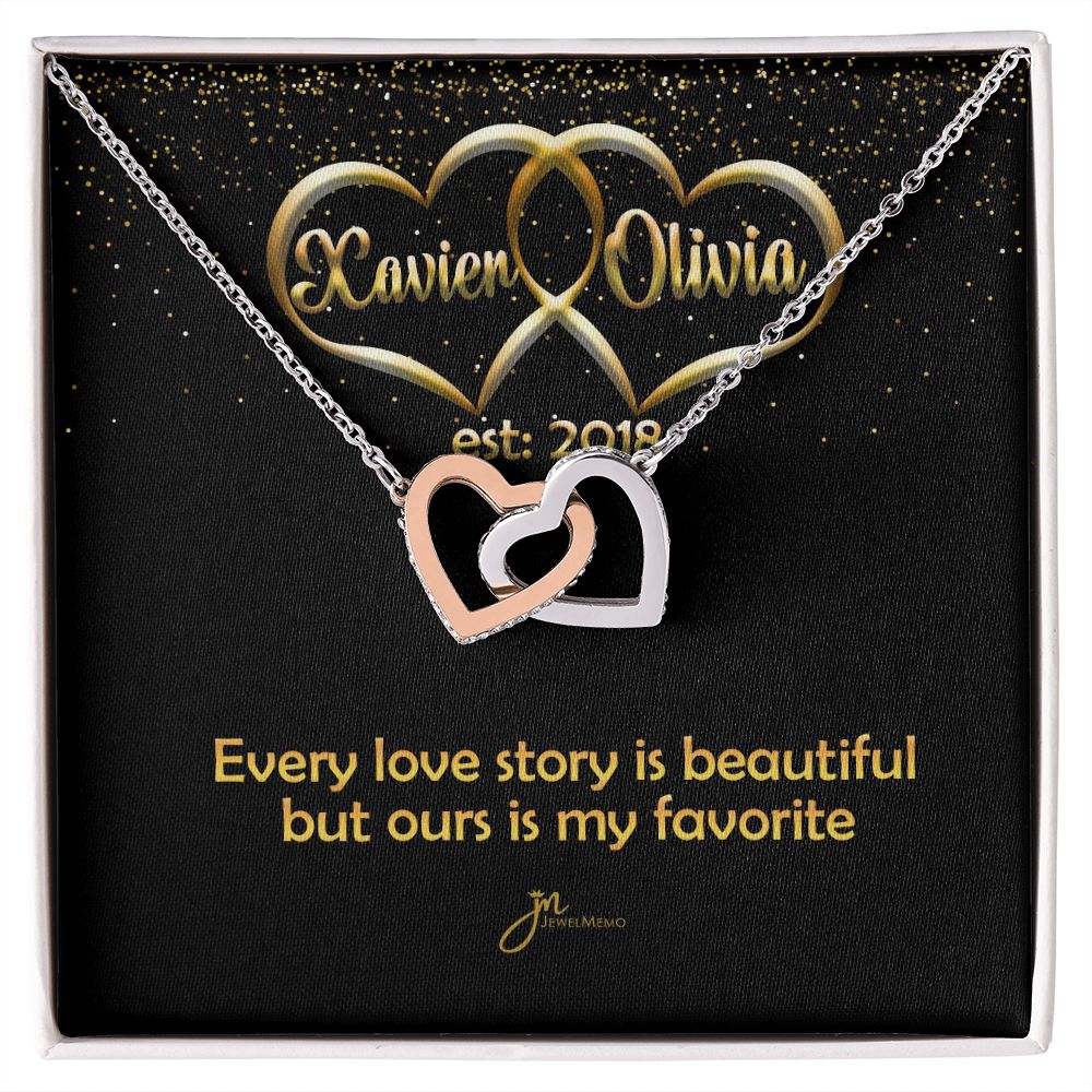 Personalized My Favorite Love Story Interlocking Hearts Necklace