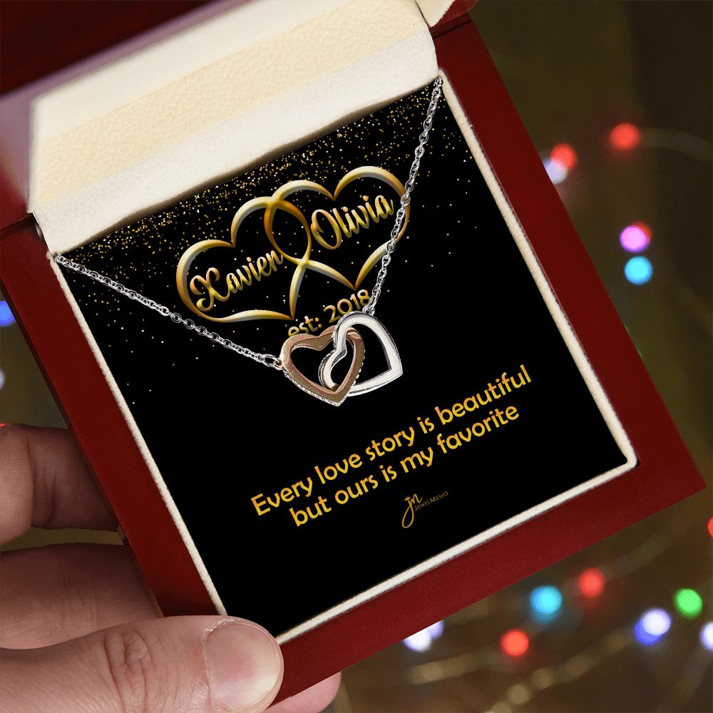 Personalized My Favorite Love Story Interlocking Hearts Necklace