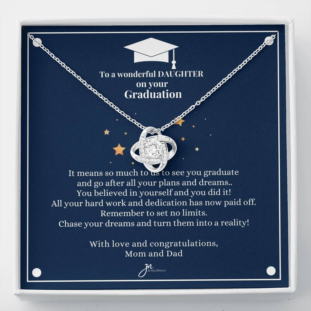 To A Wonderful Daughter Graduation Necklace - Love Knot Blue Card