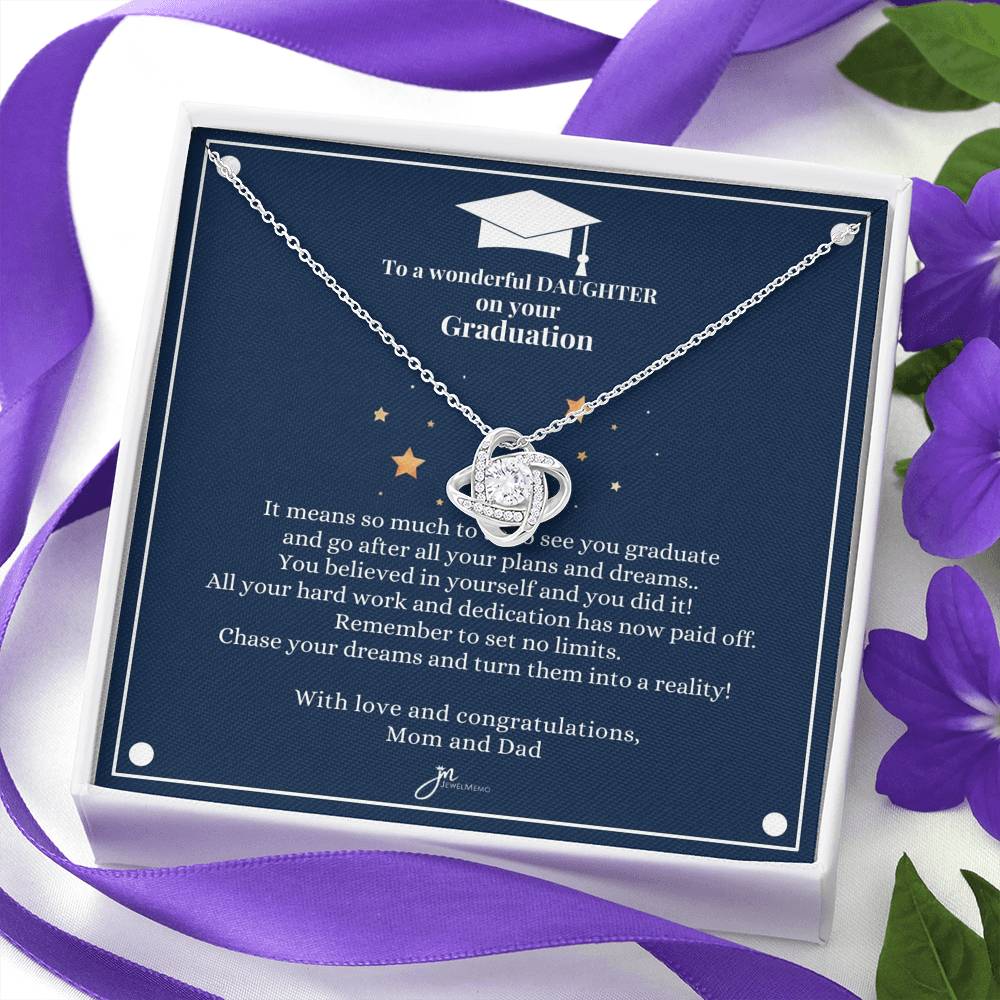 To A Wonderful Daughter Graduation Necklace - Love Knot Blue Card