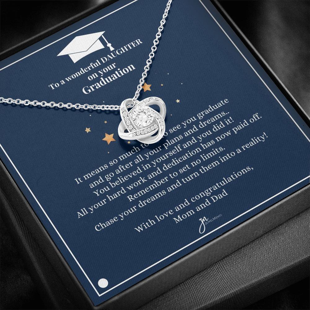 To A Wonderful Daughter Graduation Necklace - Love Knot Blue Card