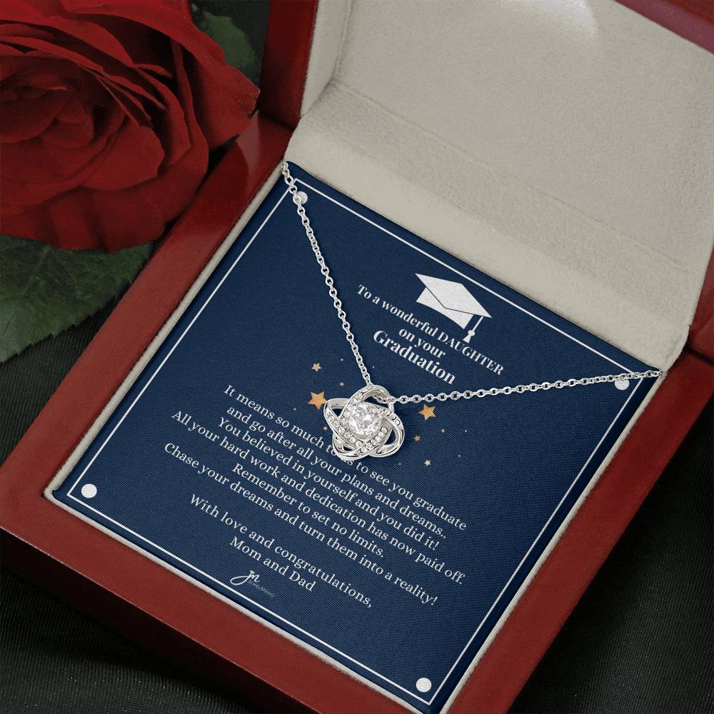 To A Wonderful Daughter Graduation Necklace - Love Knot Blue Card