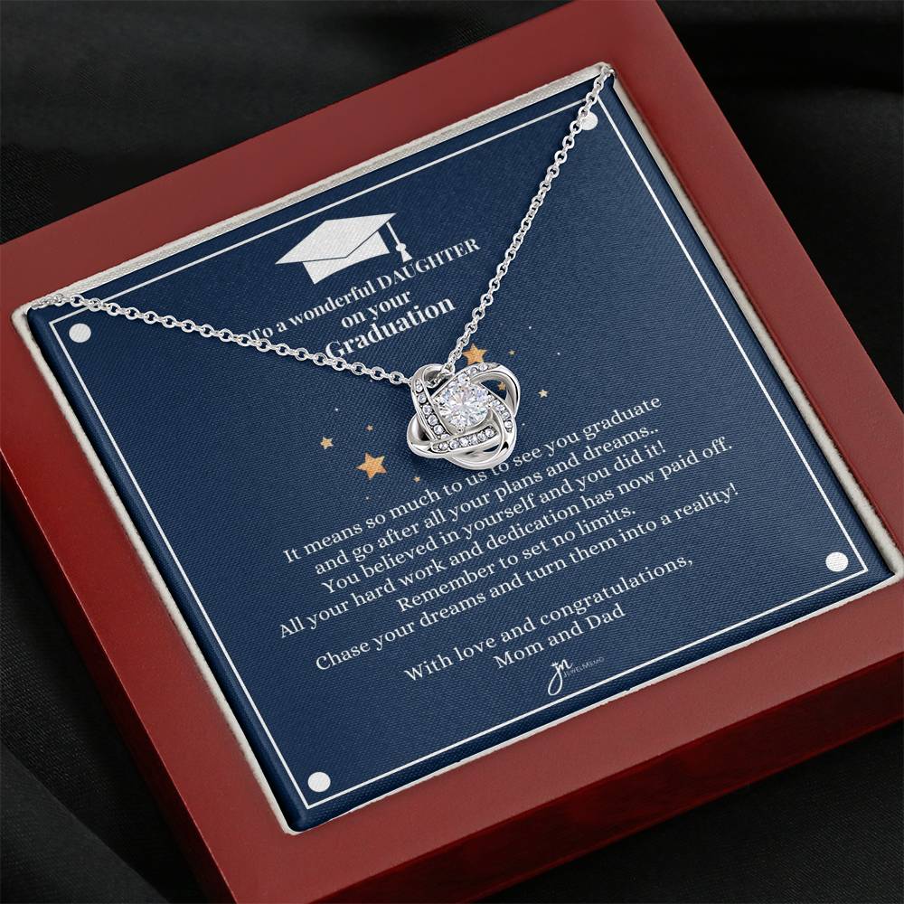 To A Wonderful Daughter Graduation Necklace - Love Knot Blue Card